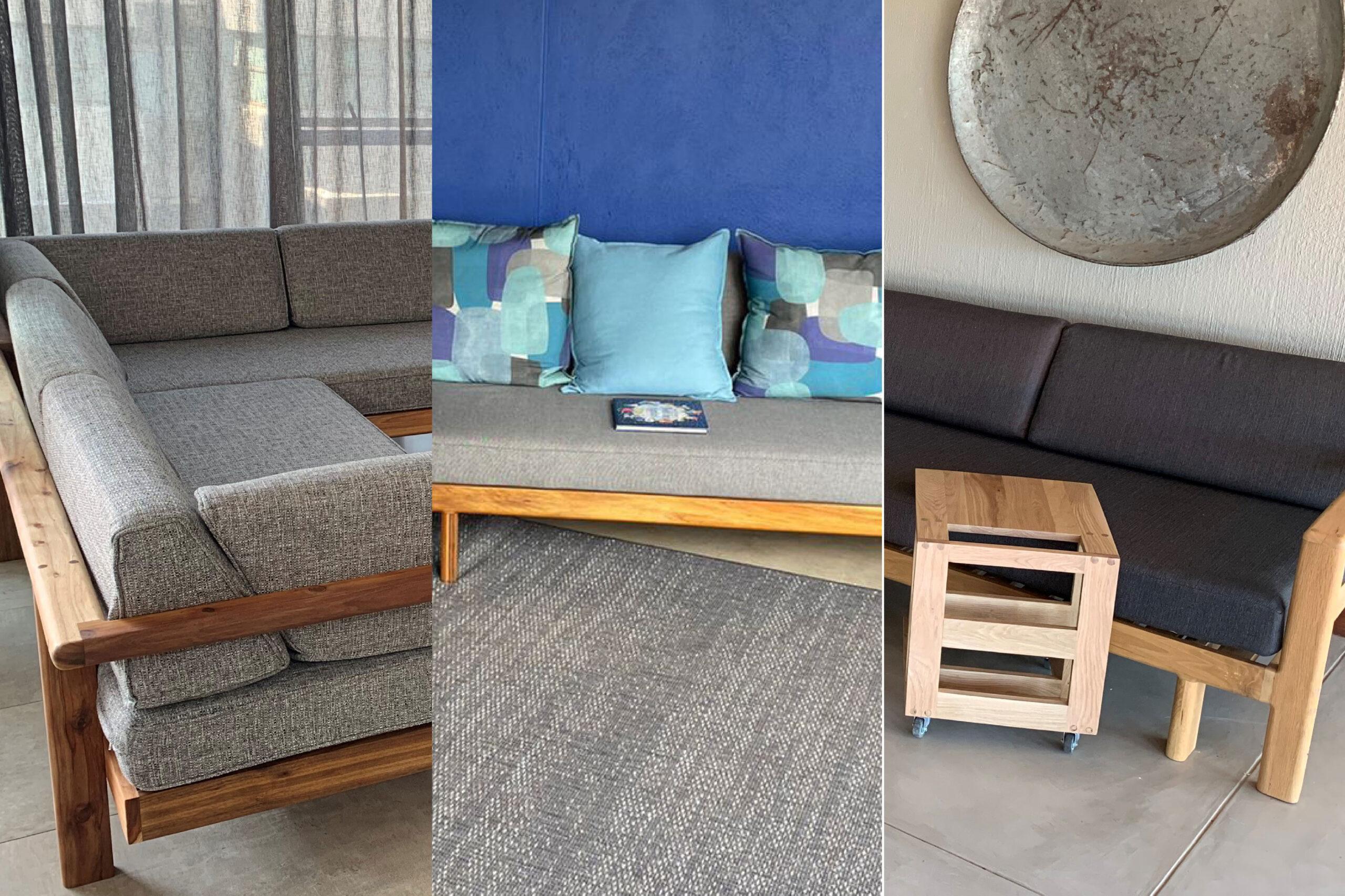 Three views of a modern wooden sofa with grey upholstery, showing side detail, front view with cushions, and angled view with a small wooden side table.