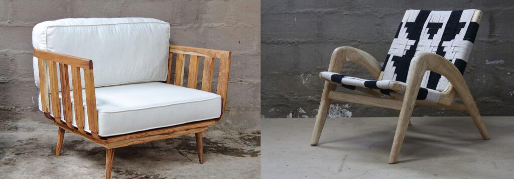 Side-by-side view of two wooden chairs: a cushioned wooden armchair on the left and a sculptural wooden lounge chair with black-and-white woven seat on the right.